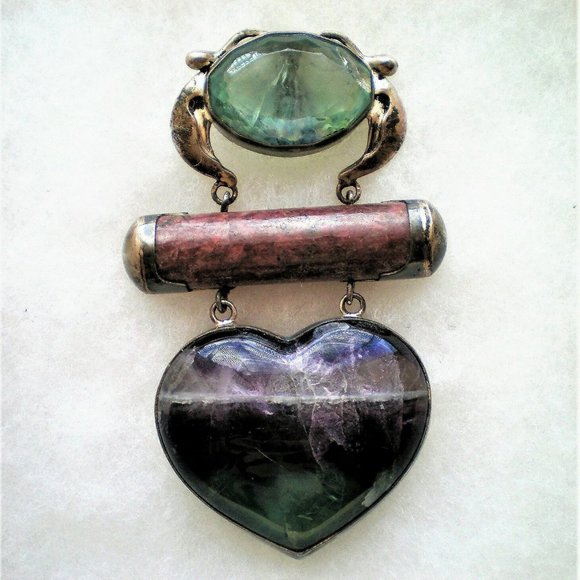 HUGE Sterling Silver Green Purple Fluorite Jasper Heart Pendant Enhancer 214 g.